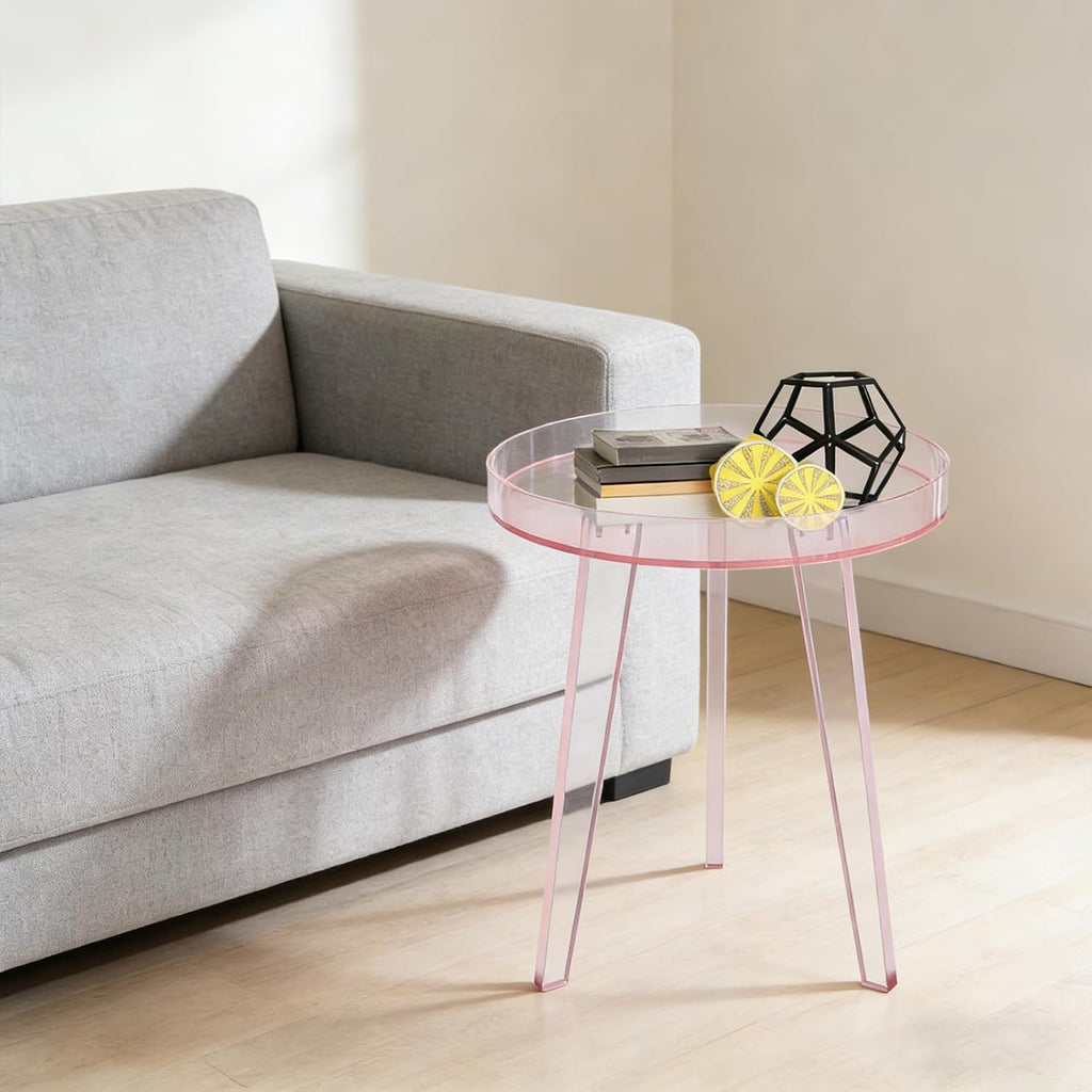 Clear Acrylic Side Table, Modern End Table with Storage Shelf, Small Round Bedside Table Nightstand for Living Room Bedroom Sofa Side, Transparent Accent Table (Pink)