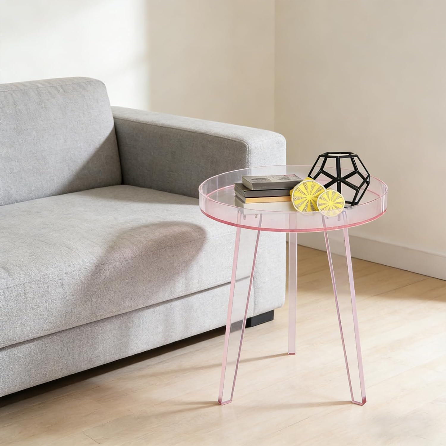 Clear Acrylic Side Table, Modern End Table with Storage Shelf, Small Round Bedside Table Nightstand for Living Room Bedroom Sofa Side, Transparent Accent Table (Pink)