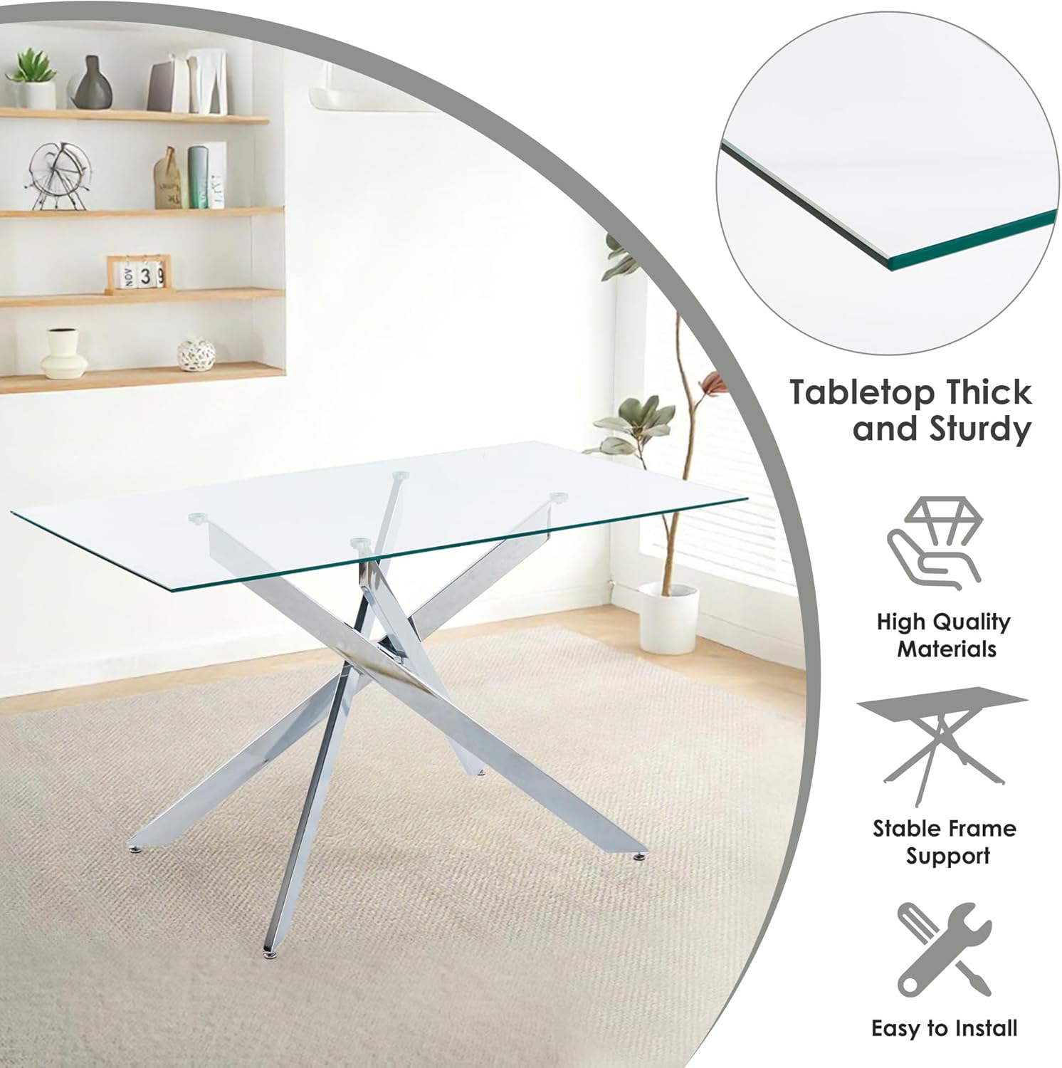 5-Piece Dining Table Set for 4, Modern Rectangular Glass Table with 4 Upholstered Leather Chairs, Space-Saving Dining Room Furniture Table & Chair Sets for Small Spaces&Apartment(Gray&Silver)