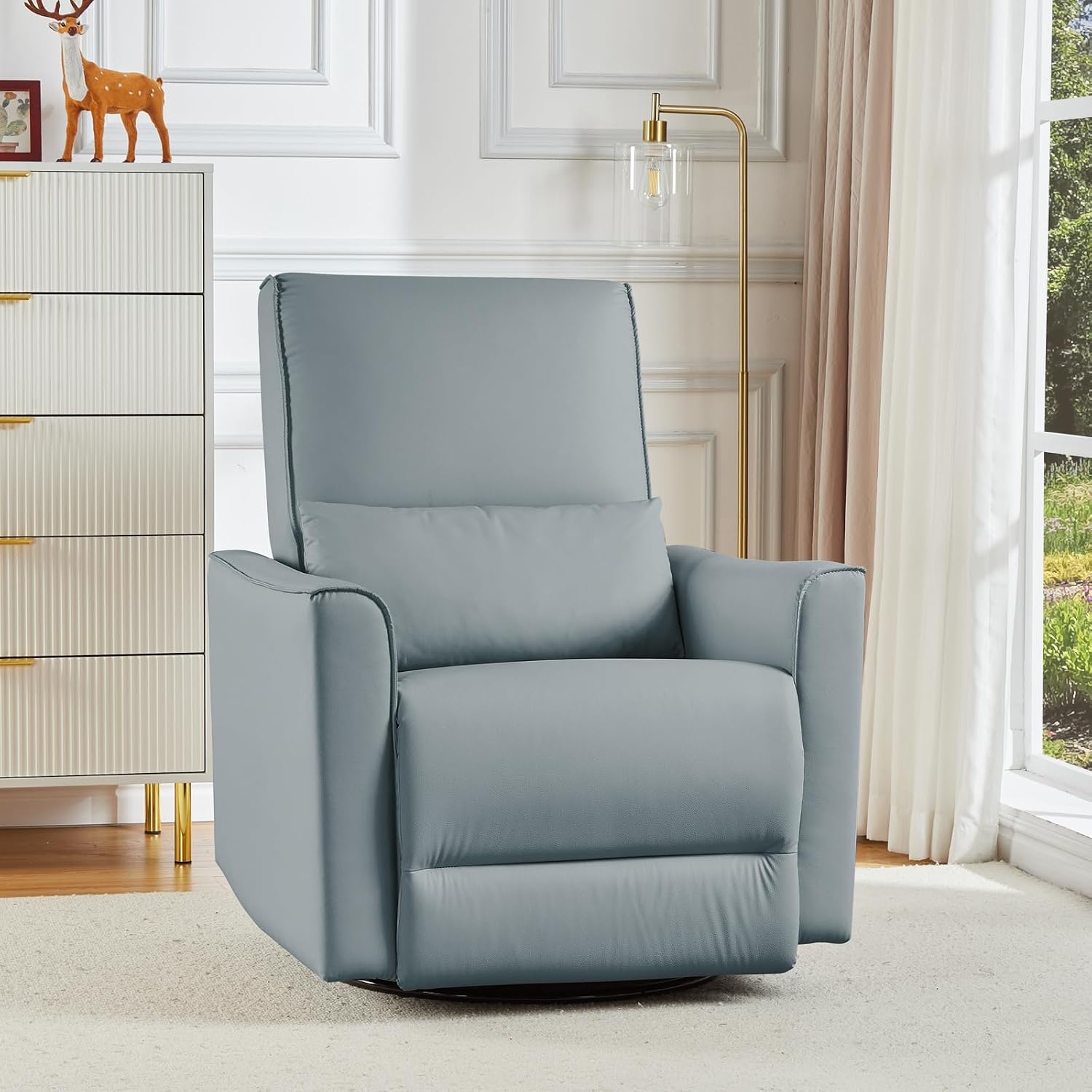 Swivel Rocking Recliner Chair, Upholstered Faux Leather Glider Recliner with Lumbar Support, High Backrest & Padded Armest, Manual Nursery Recliner for Living Room (Manual, Gray)