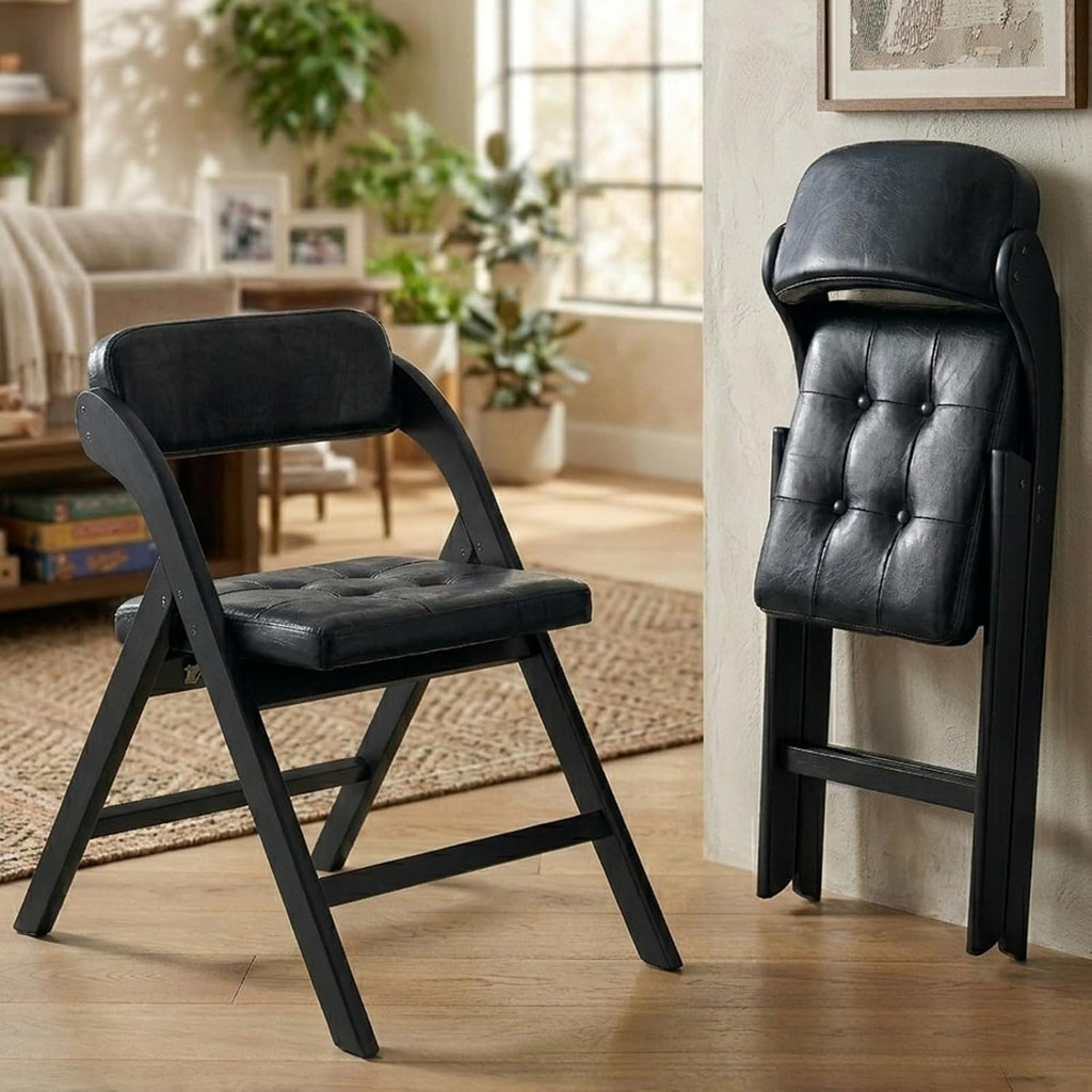 Wood Folding Chairs Set of 2, Upholstered Foldable Dining Chairs with Padded Seat and Backrest, Portable Accent Chairs for Kitchen, Dining Room, Apartment, Office, Guest Seating, Black