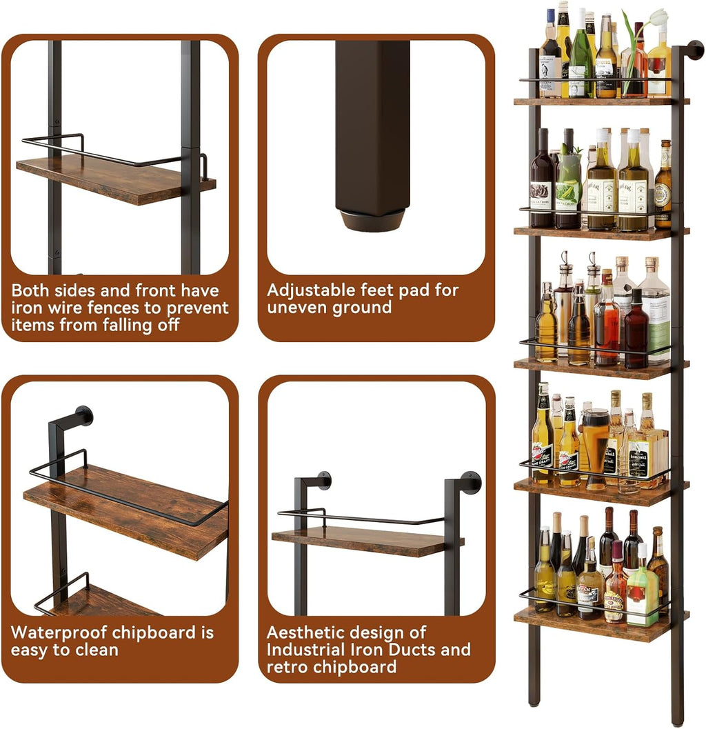 YMYNY 5-Tier Freestanding Wine Racks，Liquor Bottle Display Shelf with Fences, Wall Mounted Floating Shelf Storage Stand for Kitchen, Dining Room, 16.93''L x 7.87''W x 69.68''H Vintage Brown UHWR001H