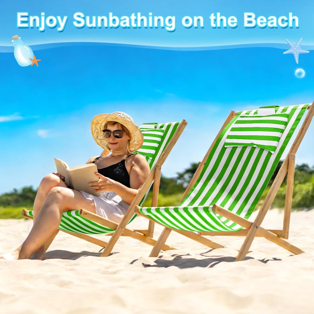 Beach Sling Chair Replacement Canvas, 16x44.5 Inch Folding Lounge Chair Fabric with Pillow for Beach/Sunbathing/Courtyard/Garden [Pinstripe Green, Only Replacement]