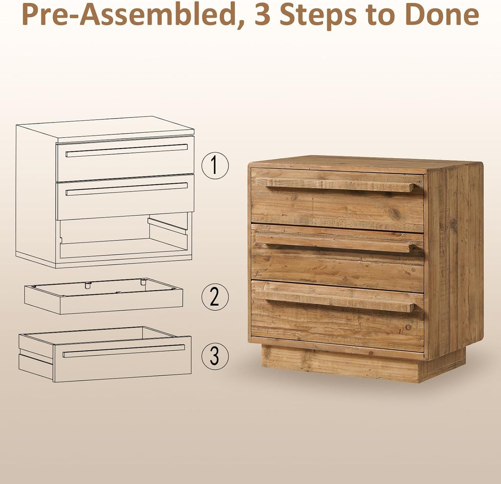HOKYHOKY Set of 2 Reclaimed Solid Wood Nightstand-24 Inches Large End Table with 3 Drawers, Pre-Assembled Farmhouse Bedside Tables for Living Room, Bedroom