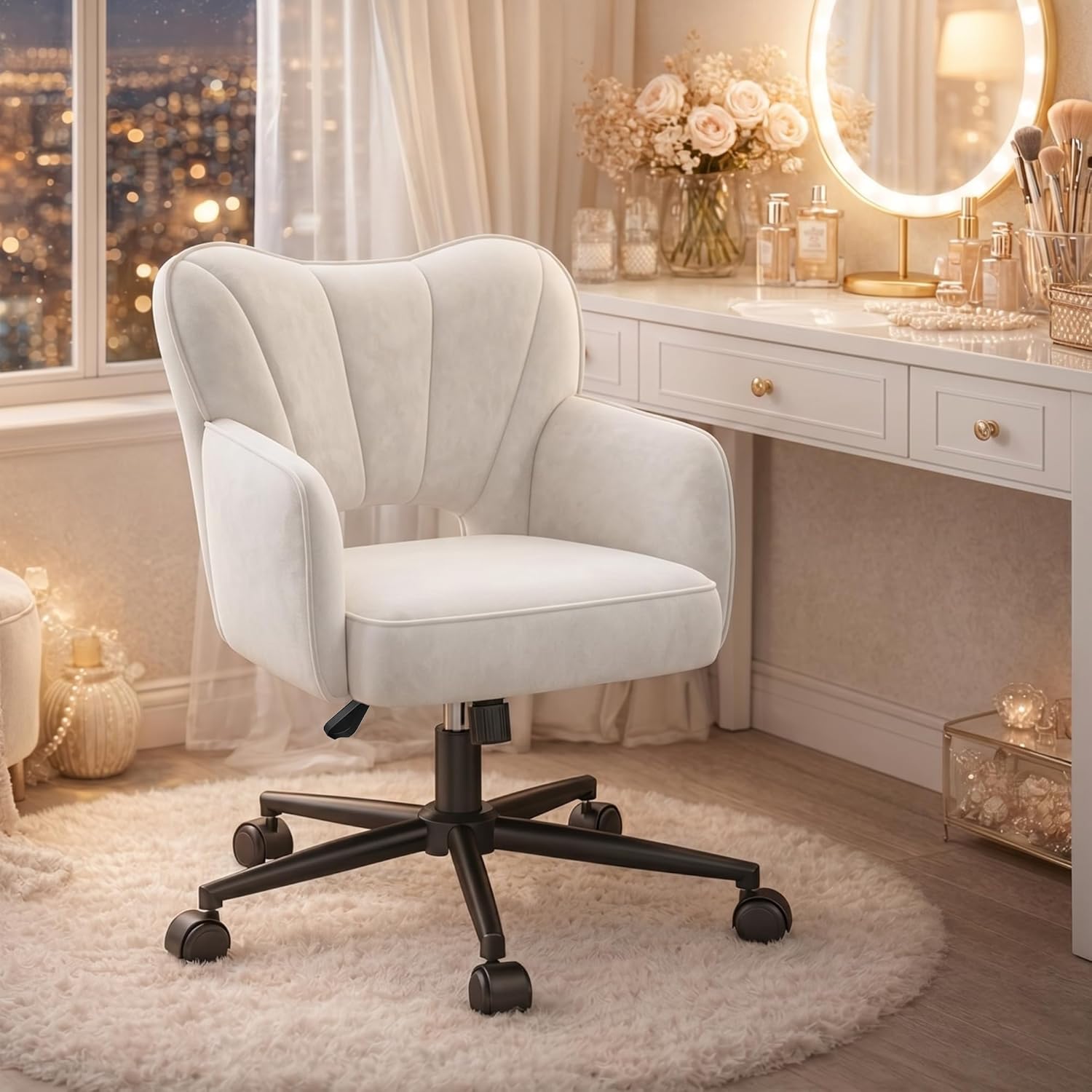 DurayLoly Desk Chair with Shell Back, Vanity Chair with Adjustable Height, Comfy Chair for Makeup Room, Bedroom, Work & Relaxation，Beige