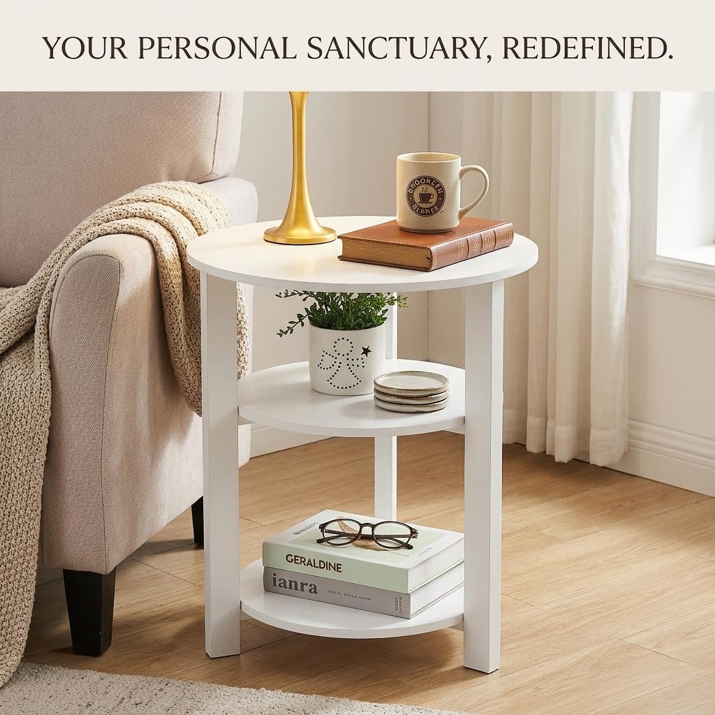 Farmhouse 3-Tier Round Side Table, 17.7 * 21.7inch End Table with Open Storage,Modern Accent Table Circular Nightstand for Living Room, Bedroom, Office,Wooden Table for Narrow and Small Spaces, White