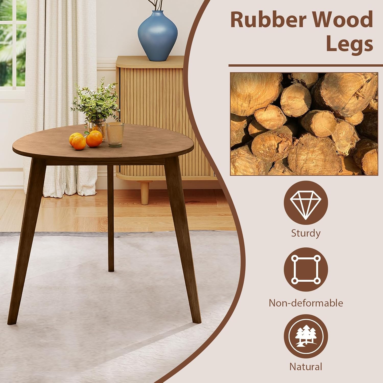GOFLAME 35.5” Triangle Dining Table, Mid-Century Modern Kitchen Table with Solid Rubber Wood Legs, Space-Saving Dinner Table for Living Room, Dining Room, Apartment, Small Space, Walnut
