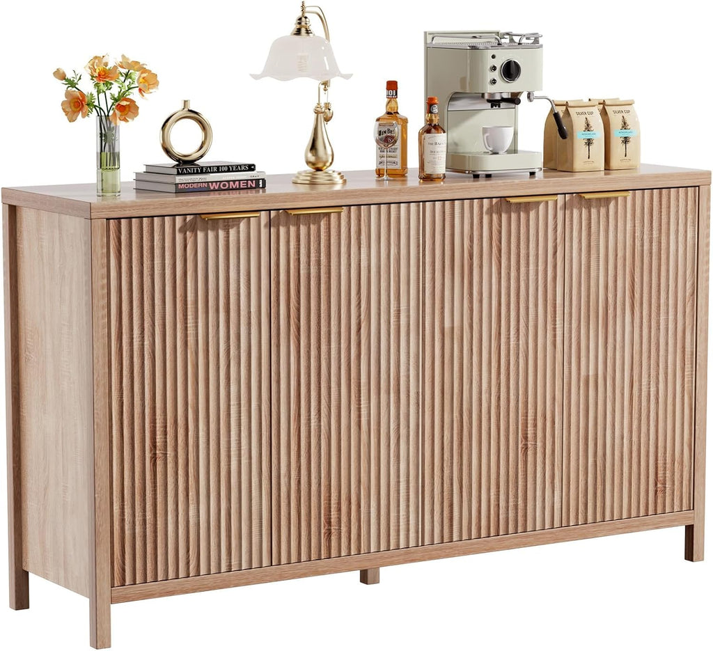 Fluted Sideboard Buffet Cabinet, 55" Large Storage Buffet Cabinet with 4 Doors and Adjustable Shelves, Modern Sideboard Console Table for Living Room,Entryway,Dinning Room,Kitchen-Grey