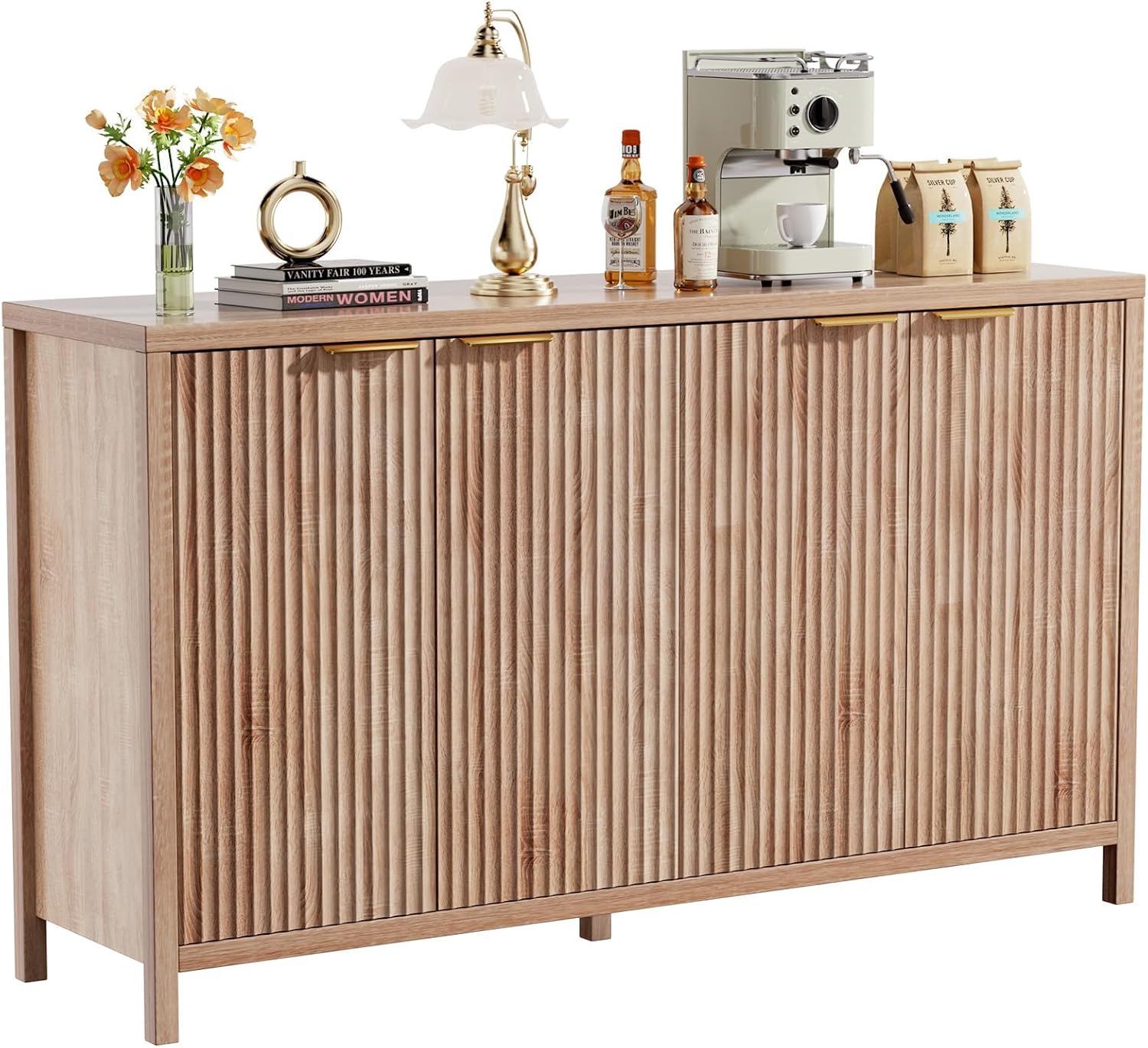 Fluted Sideboard Buffet Cabinet, 55" Large Storage Buffet Cabinet with 4 Doors and Adjustable Shelves, Modern Sideboard Console Table for Living Room,Entryway,Dinning Room,Kitchen-Grey