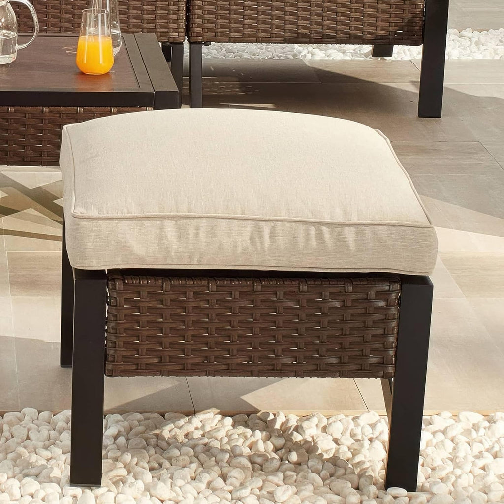 Outdoor Cushioned Ottoman Square Wicker Patio Furniture Ottoman with Beige Cushion Metal Steel Frame