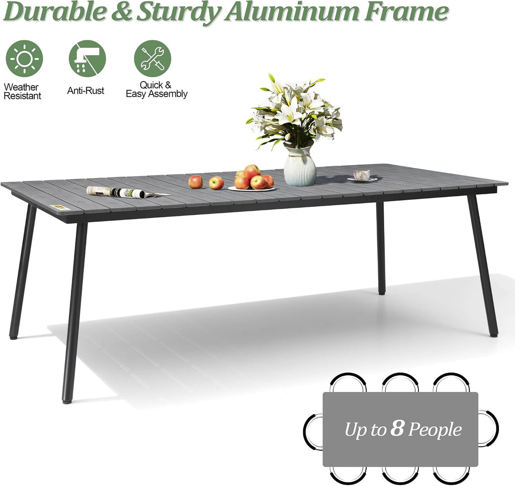 83" Patio Outdoor Dining Table for 6-8, Weather-Resistant Aluminum Frame with Wood-Grain Top & Umbrella Hole for Deck Gatherings, Grey