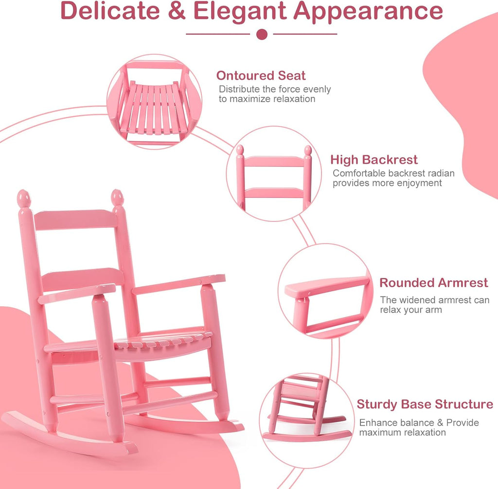 Outvita Outdoor Children's Rocking Chair, All-Weather Wooden Porch Rocker with High Backrest, Ideal for Garden, Yard, and Balcony, Patio Rocking Chair Suitable for Kids Ages 3-6(Pink)