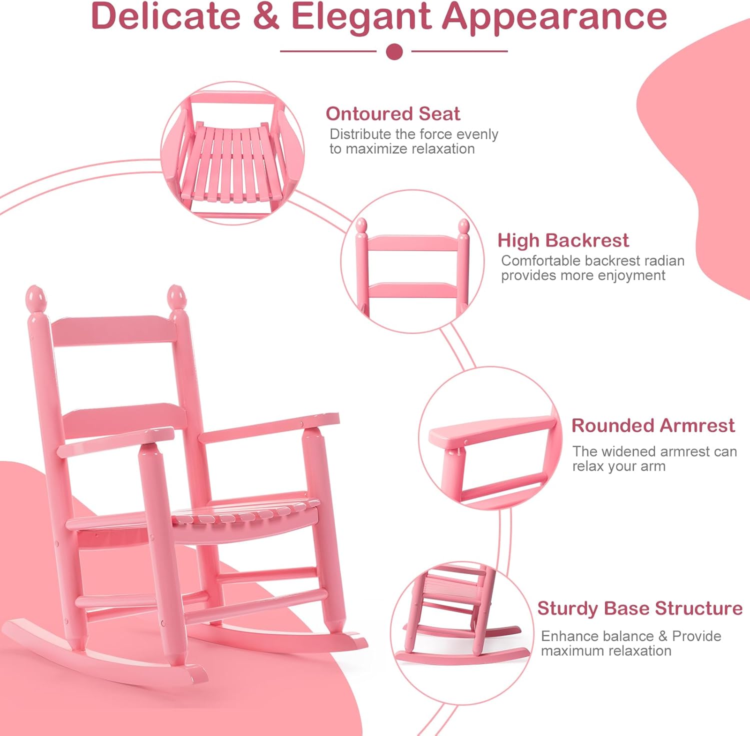Outvita Outdoor Children's Rocking Chair, All-Weather Wooden Porch Rocker with High Backrest, Ideal for Garden, Yard, and Balcony, Patio Rocking Chair Suitable for Kids Ages 3-6(Pink)