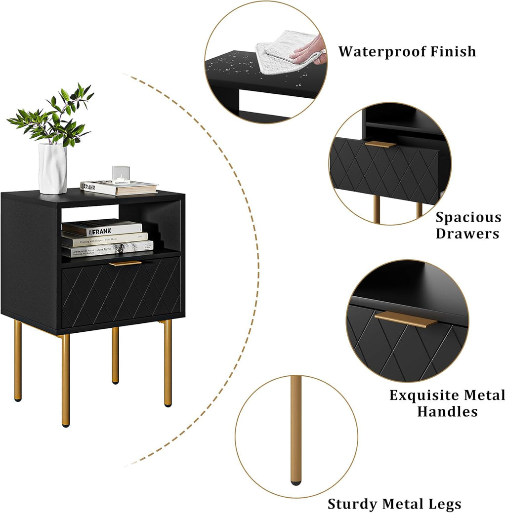 Aienvey Nightstand with Charging Station, Small Side Table, Modern Night Stand with Drawers, Bedside Table for Bedroom, Living Room End Table (Black Rhombus)