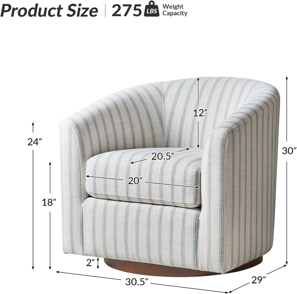 HULALA HOME Modern Swivel Accent Chair with Solid Wood Base, Round Swivel Barrel Chair with Striped Pattern, No Assembly Required, Blue