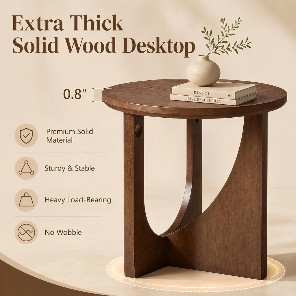 100% Solid Wood Round Side Table Set of 2, 19.7'' Walnut Brown Small End Table, Sofa Side Table with Sculptural Curved Base, Minimalist Accent Table for Living Room, Bedroom, Reading Nook