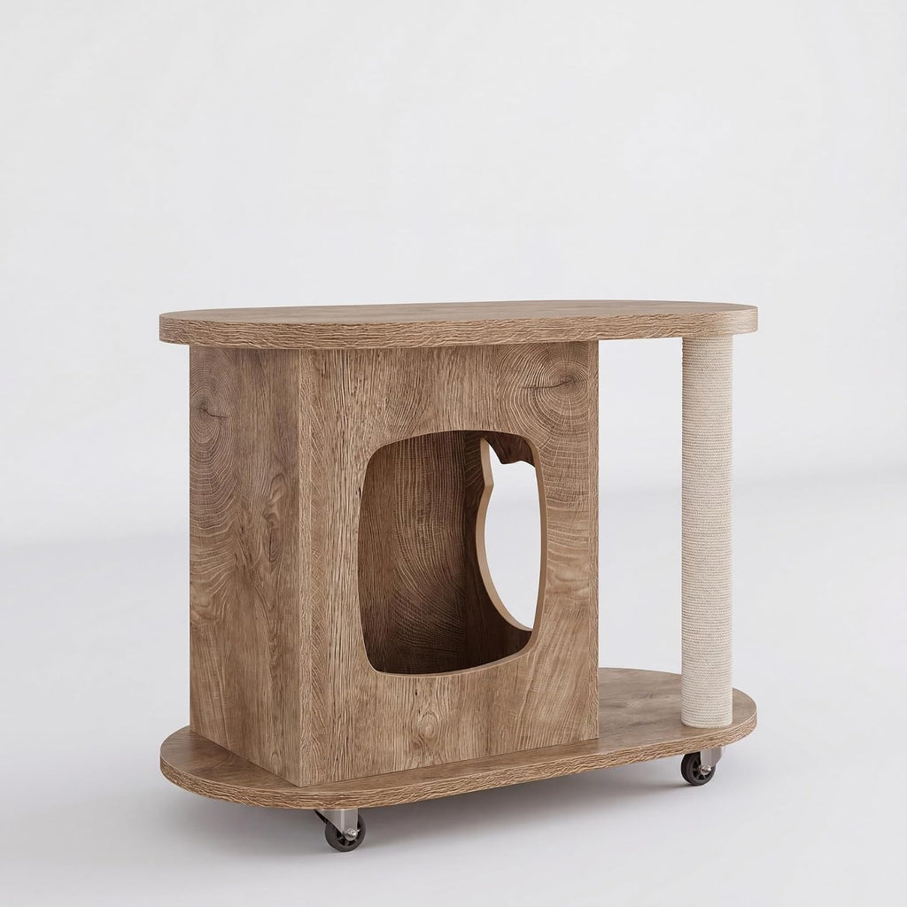 Tribesigns End Table, Sofa Side Table with Scratching Posts and Cat Bed | Oval, 360° Swivel Caster Wheels, Multifunctional Design, for Bedroom Living Room, White and Brown