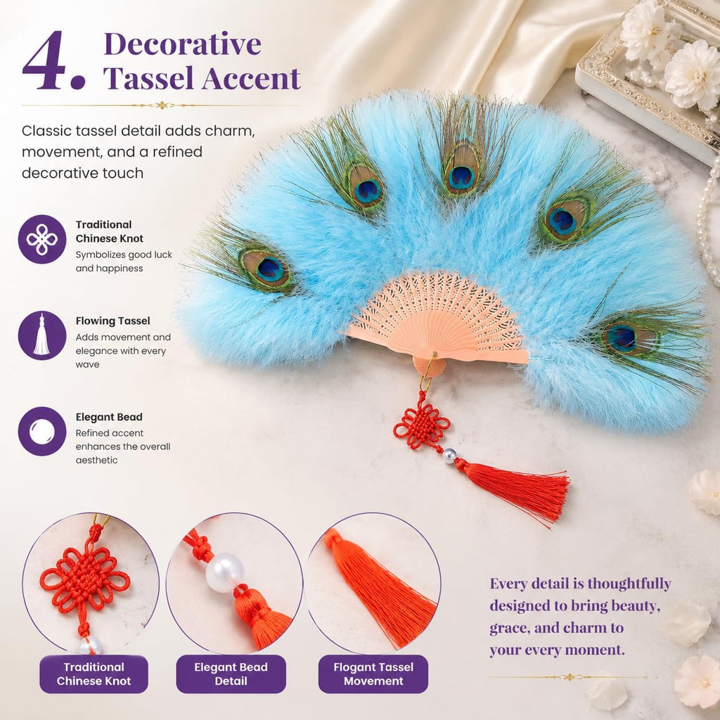 Peacock Feather Fan, Folding Hand Fan with Tassel, Vintage Costume Fan for Women, Dance Wedding Tea Party Photo Prop Decor (Mint Green)