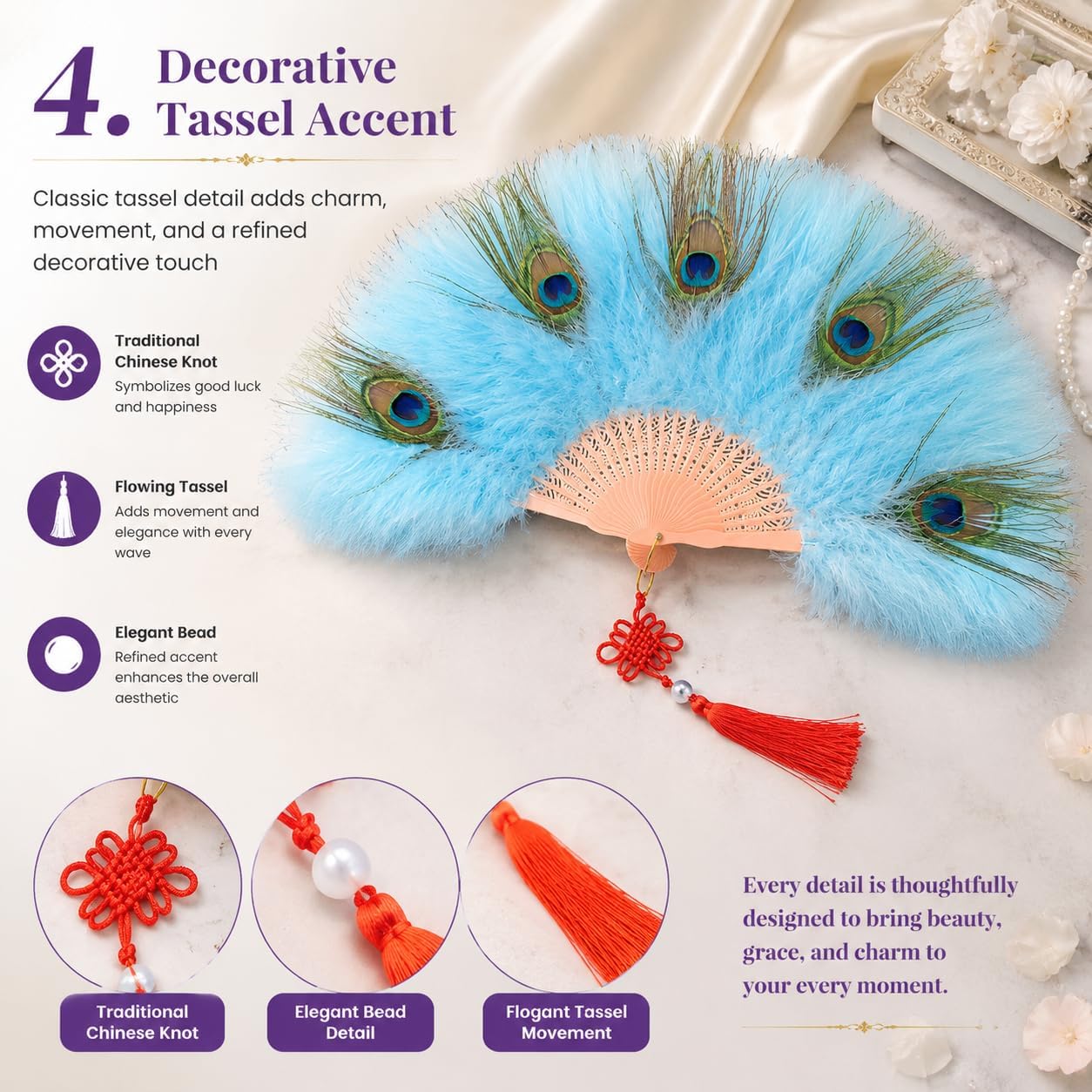 Peacock Feather Fan, Folding Hand Fan with Tassel, Vintage Costume Fan for Women, Dance Wedding Tea Party Photo Prop Decor (Mint Green)