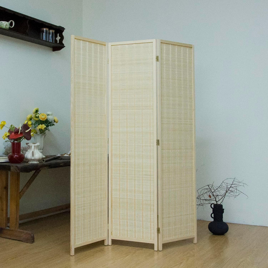 3-Panel Bamboo Room Divider - 5.6 ft Tall Beige Folding Privacy Screen, Double-Sided Freestanding Partition Wall with Natural Wood Frame for Home Office & Corner Privacy