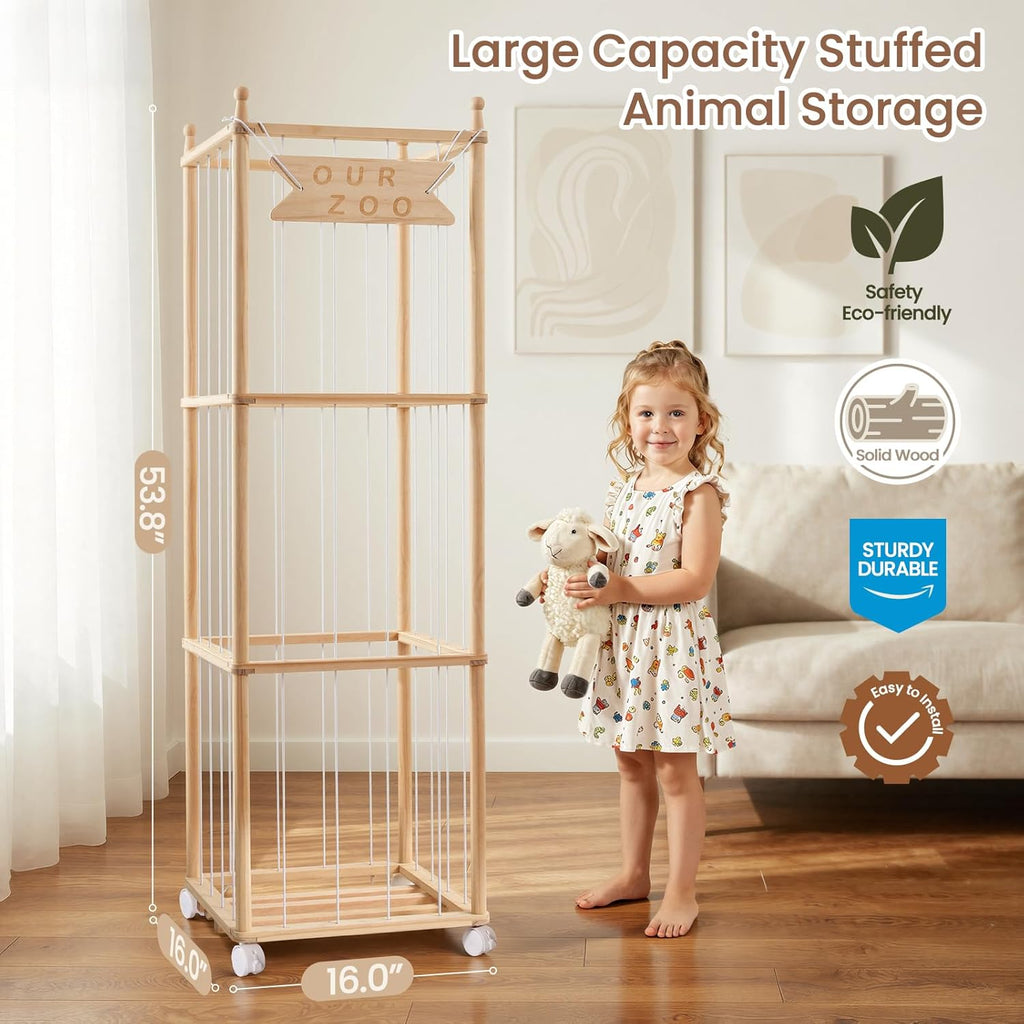 Ostutry Stuffed Animal Storage with Wheels - Wood Stuffed Animals Organizer Holder Zoo Large Capacity Plush Toy Cage with Elastic Band for Playroom, Bedroom, Nursery