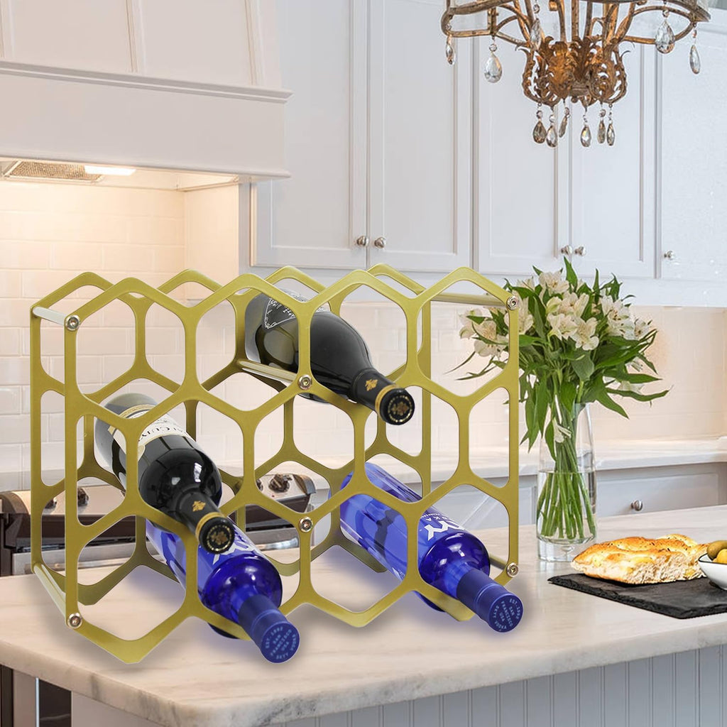 AT-VALY Countertop Wine Rack,Durable and Sturdy Freestanding 14 Bottle Wine Holder for Home Decor, Bar,Cabinet,Pantry (Gold)