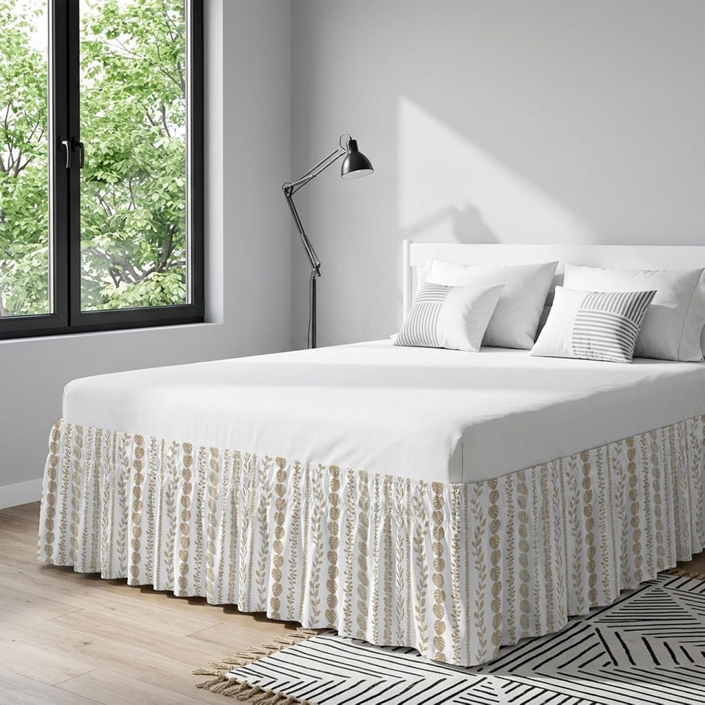 Brown Botanical Bed Skirt King Size 18 Inch Drop, Adjustable & Elastic Wrap Around Bed Skirts Pleated Luxury Dust Ruffles for Twin Full Queen Cal King Base Bed, Summer Botanical Leaf Vertical Stripes