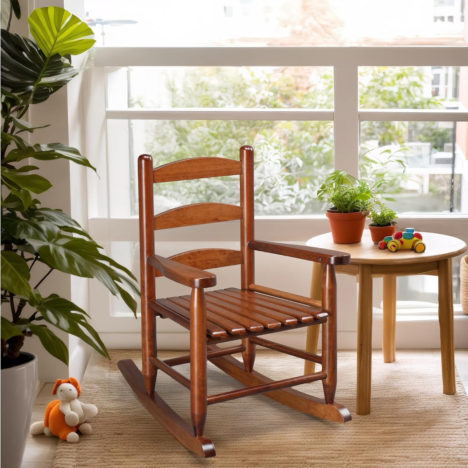 JOYMOR Outdoor Wooden Rocking Chair for Kids with High Backrest, Toddler Rocker Weather, Patio Rocker Chair Suitable for Porch, Garden, Balcony