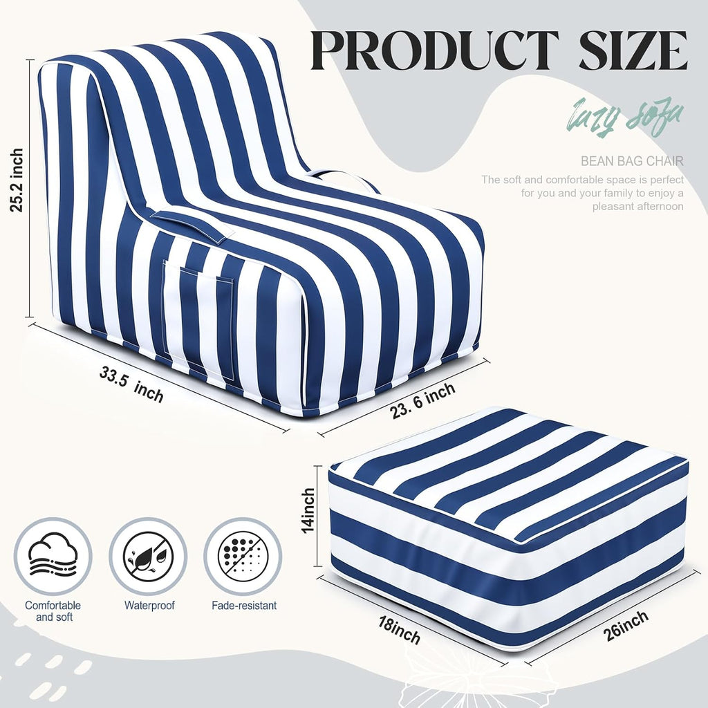 Gemscream Outdoor Inflatable Bean Bag Chair and Ottoman, Portable Inflatable Bean Bag and Ottoman with Handle for Patio Garden Home Boho Decorative Living Room(Blue and White Stripes)