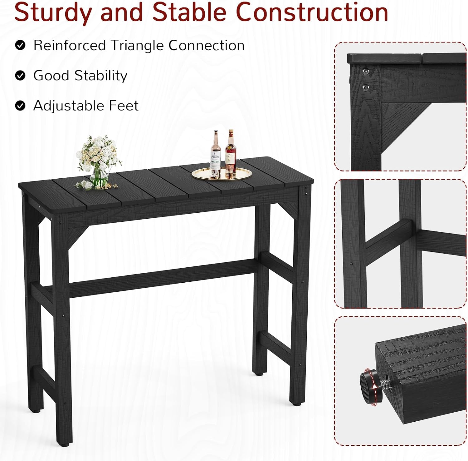 Stoog 3-Pieces Patio Bar Set, All-Weather HIPS Outdoor Bar Stools Set of 2, Counter Height Bar Table with Waterproof Top, Never Fade or Rot, Black