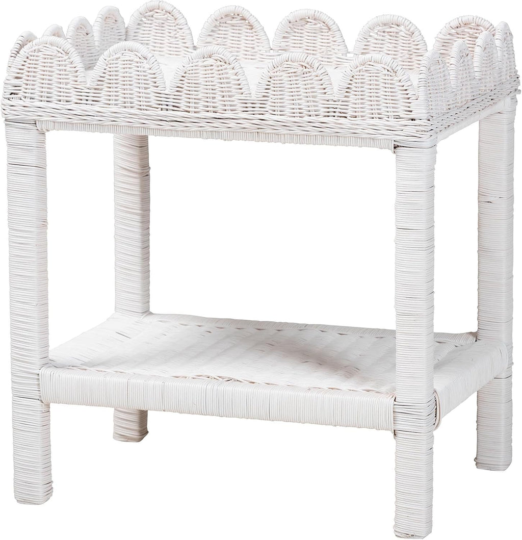 Bali & pari Sumana Natural Rattan Side Table - Handwoven Wicker 2-Tier Accent End Table with Scalloped Tray Top for Living Room, White