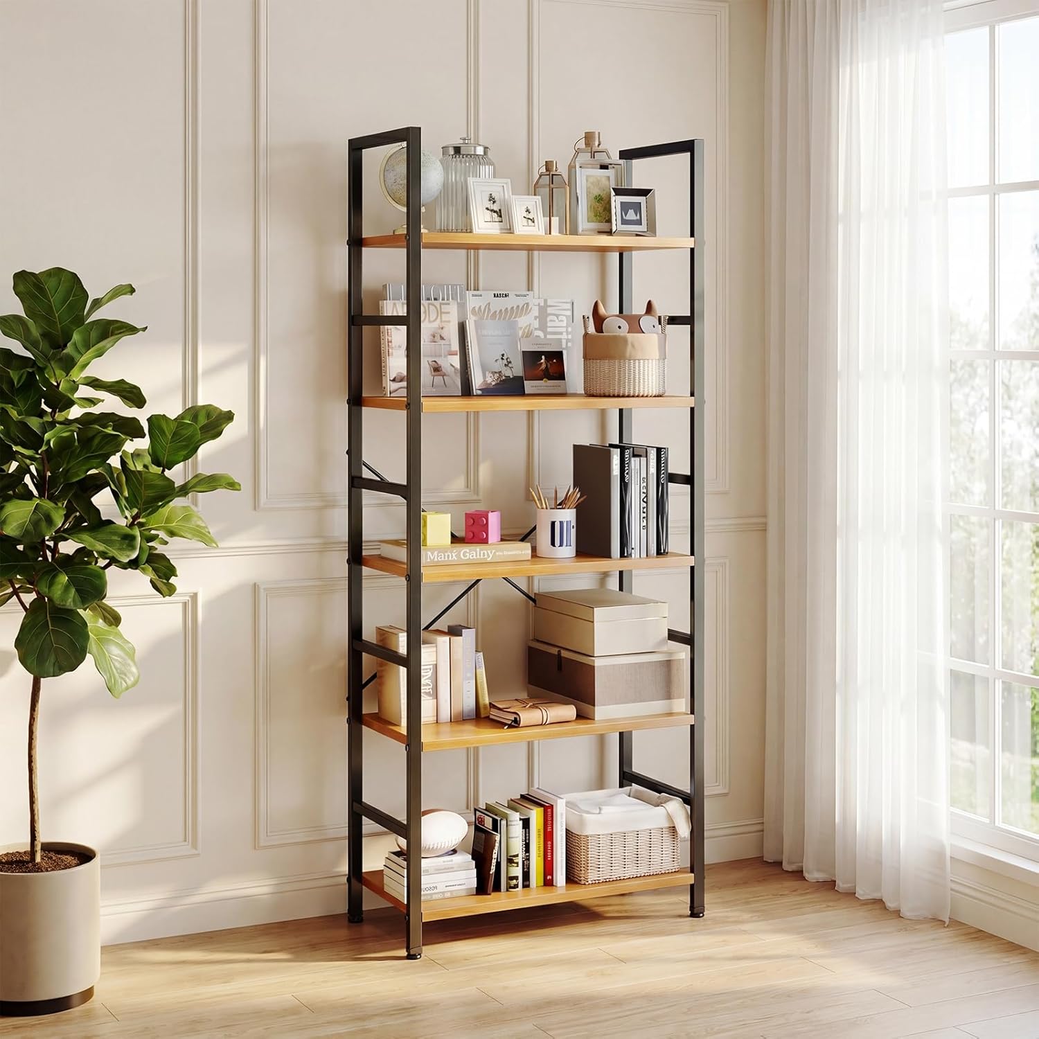 Sweetcrispy Book Shelf, 5 Tier Bookcase, Modern Tall Bookshelf for Garage Kit, CDs, Movies, Industrial Corner Storage Organizer for Bedroom Home Office Kitchen Living Room, Wood