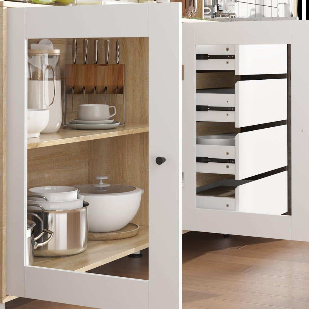 74.8" H Kitchen Pantry with Hutch, Microwave Stand & Hooks, Modern Large Cupboard Storage Cabinet with Glass Doors, 6 Shelves & 4 Drawers for Kitchen Dining Room, White & Brown