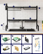 Kitsure Over The Sink Dish Drying Rack - 26.8" to 33.9"x21.5", Adjustable Sink Drying Rack for Kitchen Sink with Large Capacity, 2-Tier Dish Rack Over Sink with Multifunctional Baskets, Black