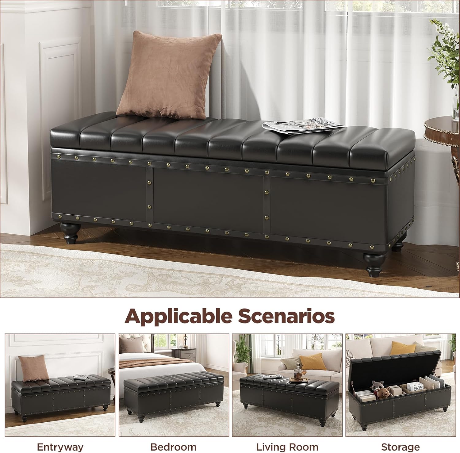Maupvit Storage Ottoman Bench, Faux Leather Ottoman with Storage, Bench for Bedroom end of Bed, Upholstered Storage Benches for Living Room, Entryway, Hallway, Foot Rest, Black