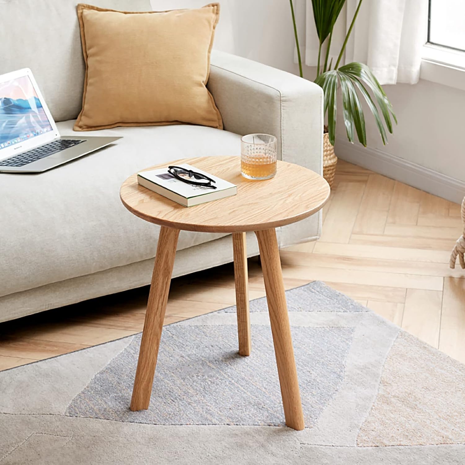 Knocbel Accent Solid Wood Small Round End Table Living Room Sofa Couch Side Snack Table with Legs, Easy Assembly (Natural)