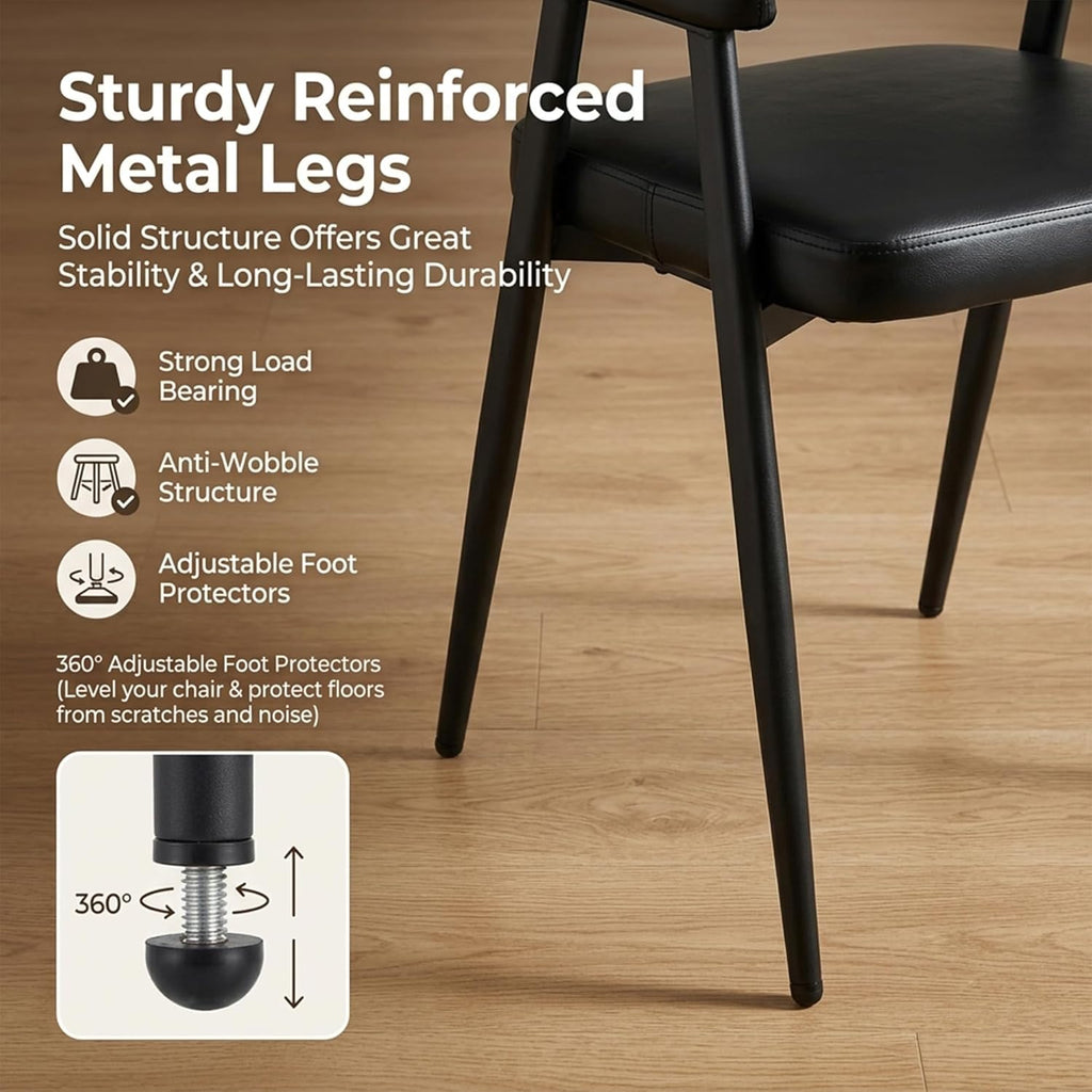 HNY Modern Dining Room Arm Chairs Set of 6, Retro Faux Leather Upholstered Barrel Dining Chairs with Arms Mid-Century Black Accent Chair with Metal Legs, Open-Back Kitchen Side Chair for Living Room