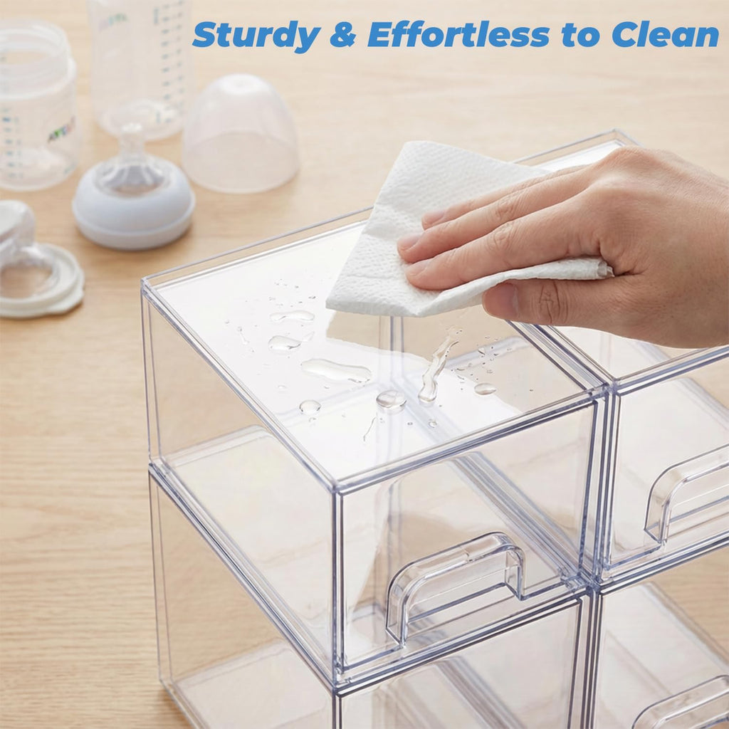 Baby Bottle Organizer, 5 Pack Stackable Storage Dust-proof Drawers, Clear Plastic Bottle Station Organizer for Countertop & Cabinet, Pacifier and Medicine Container for Nursery