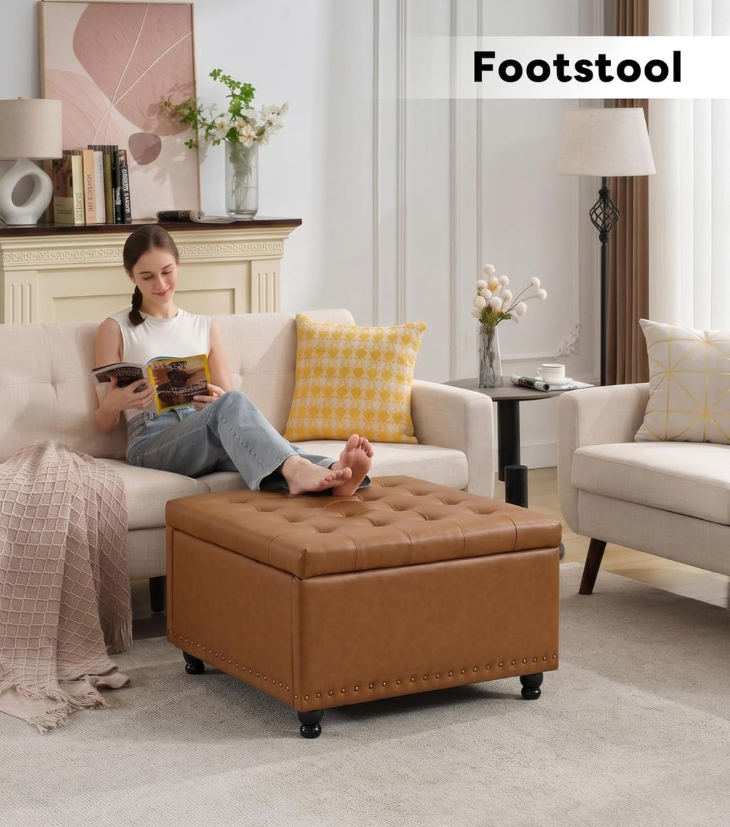 Tbfit Large Square Storage Ottoman Bench, Button Tufted Upholstered Coffee Table Ottoman with Wooden Legs, Oversized Storage Ottomans Toy Box Footrest for Living Room, Camel PU
