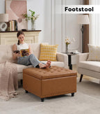 Tbfit Large Square Storage Ottoman Bench, Button Tufted Upholstered Coffee Table Ottoman with Wooden Legs, Oversized Storage Ottomans Toy Box Footrest for Living Room, Camel PU
