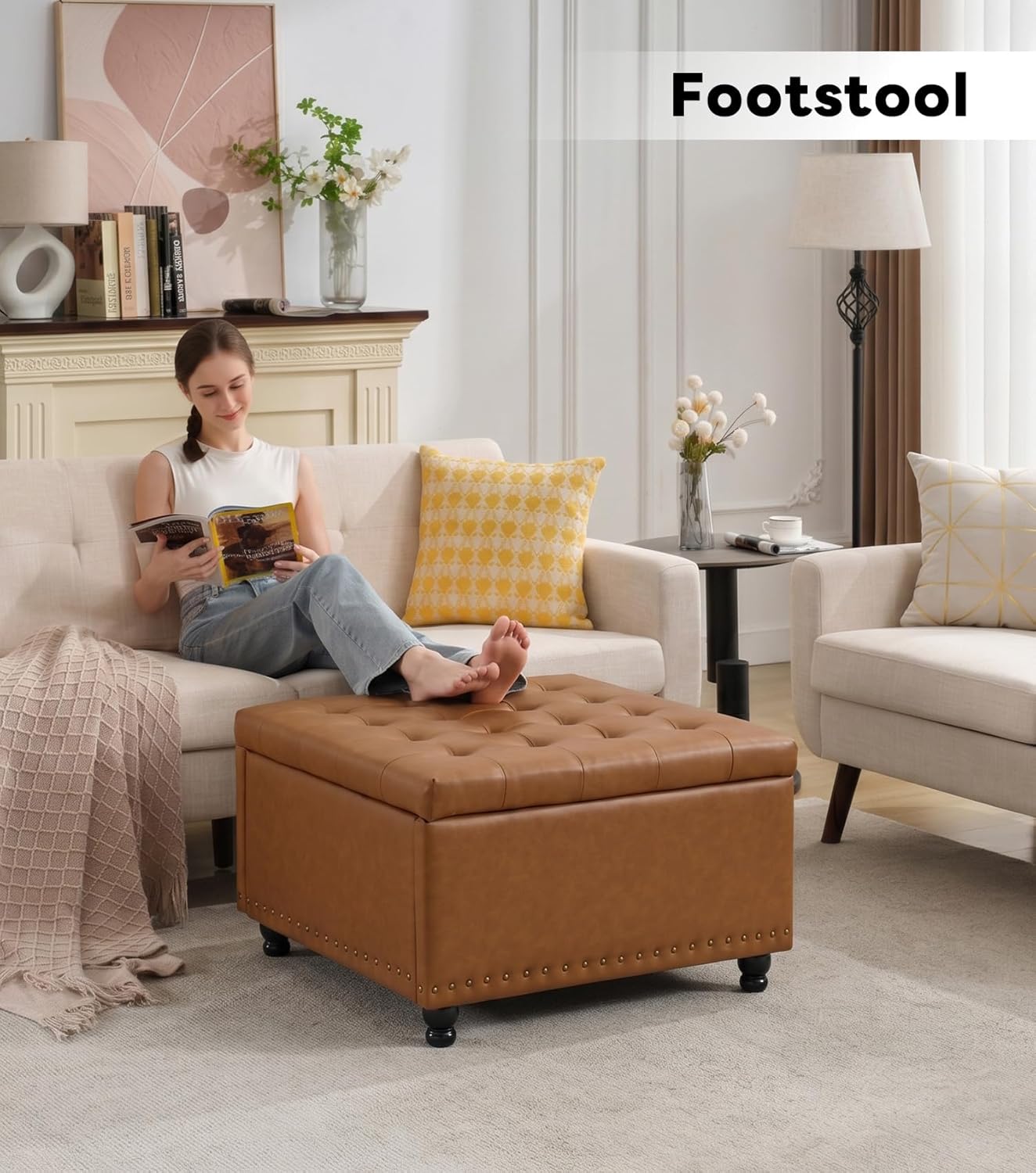 Tbfit Large Square Storage Ottoman Bench, Button Tufted Upholstered Coffee Table Ottoman with Wooden Legs, Oversized Storage Ottomans Toy Box Footrest for Living Room, Camel PU