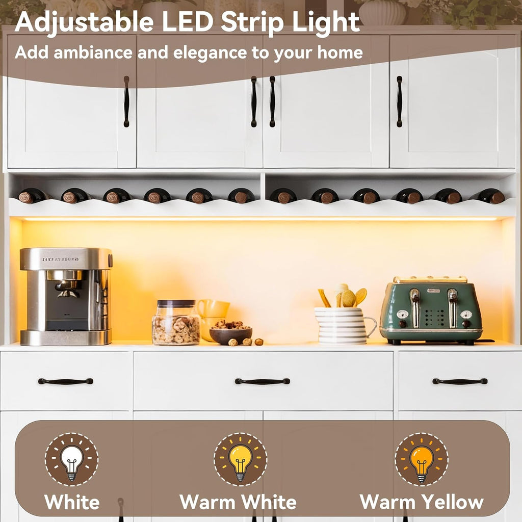 White 72" Tall Kitchen Pantry Cabinet with Charging Station 55" Wide Kitchen Hutch Cabinet with LED Light and Countertop Large Kitchen Cabinet with Adjustable Shelves and Wine Rack