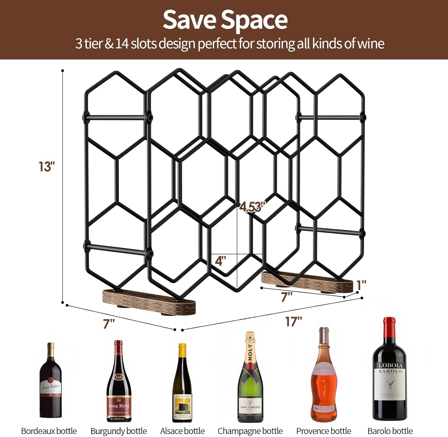 Nuovoware Countertop Wine Rack, 14-Bottle, 3 Tier, Black+Brown | Wine Bottle Organizer Storage, Freestanding Modern Carbon Steel Holder, Hexagonal Structure, for Cabinet, Pantry