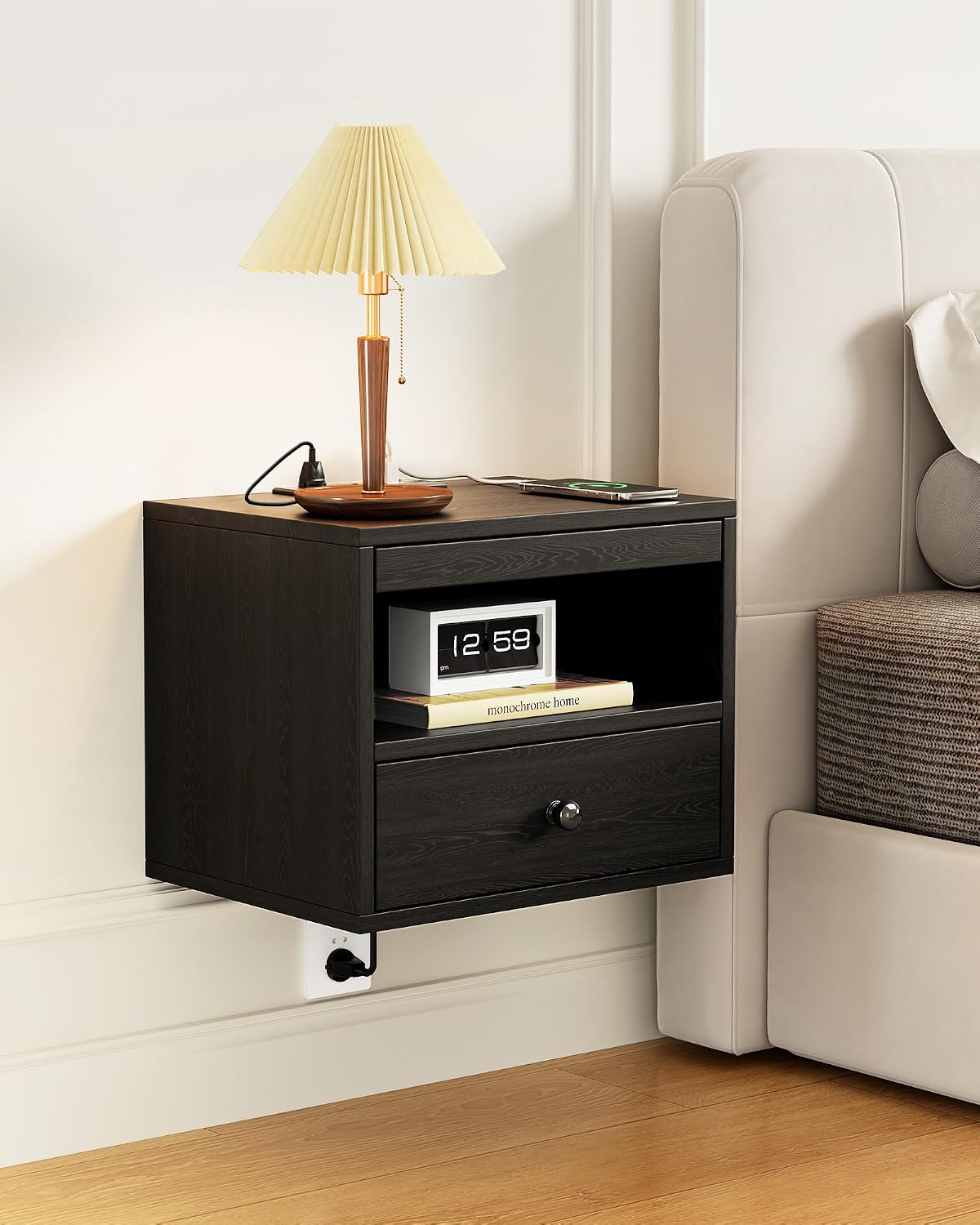 Floating Nightstand with Charging Station,Modern Bedside Table with Drawers and Extension Panel, Small Wall Mounted Nightstands for Bedroom Room，Floating Sofa Side Table（ Black ）