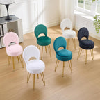 Faux Fur Pink Small Vanity Chair & Stool - 13" Dx13 W Folding Back Storage Ottoman, Anti-Slip Golden V-Leg for Bedroom Makeup Room