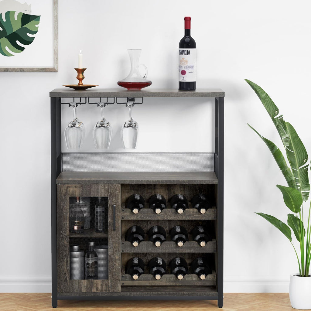 GAOMON Coffee Wine Bar Cabinet with Storage and Detachable Rack, Farmhouse Sideboard and Buffet Cabinet with Glass Holder and Mesh Door, Liquor Coffee Bar Cupboard, Dark Wood