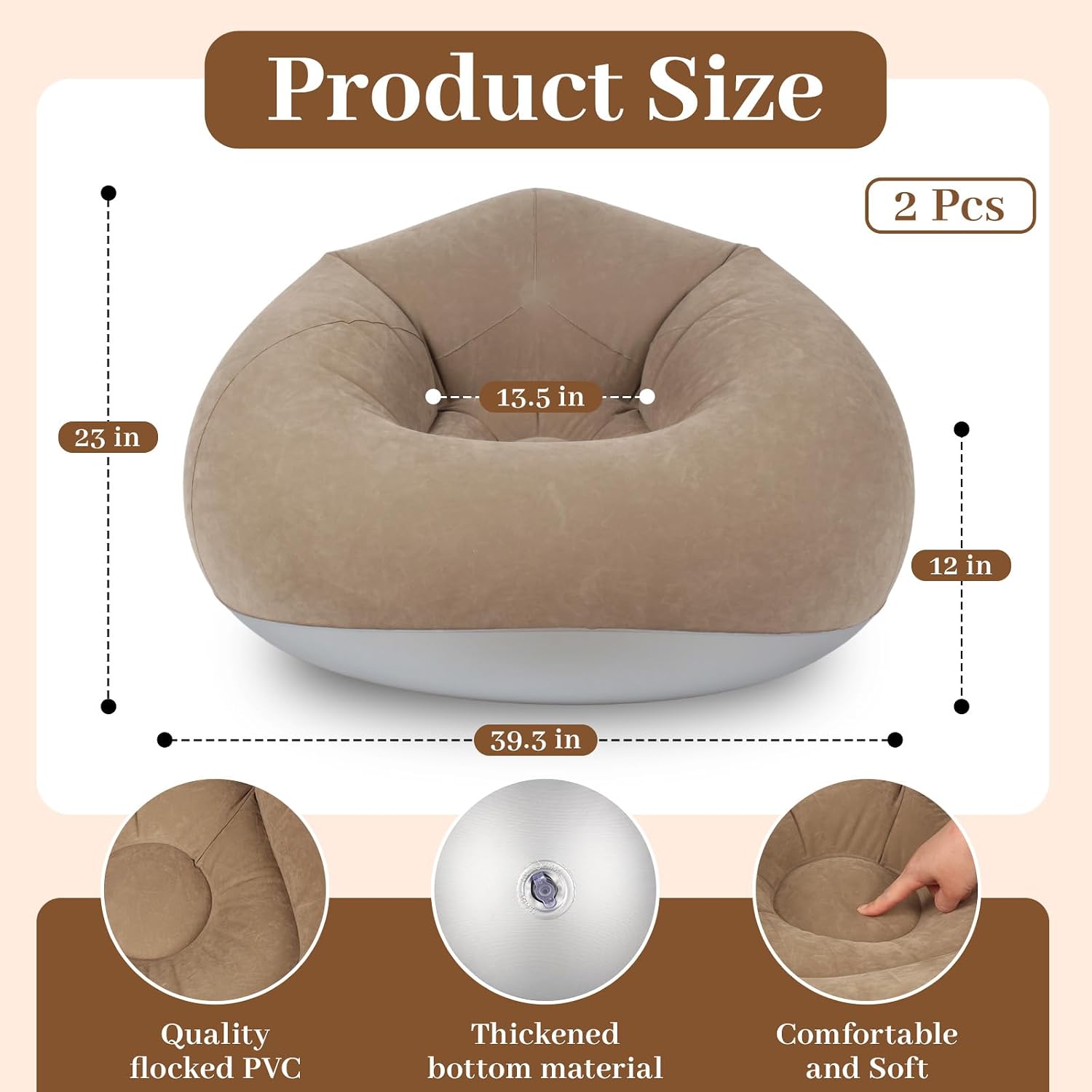Inflatable Bean Bag Chairs for Adults with Electric Air Pump, Floding Portable Blow Up Couch, Inflatable Lazy Sofa for Outdoor, Movie Nights, Camping and Room (2pcs-Brown)