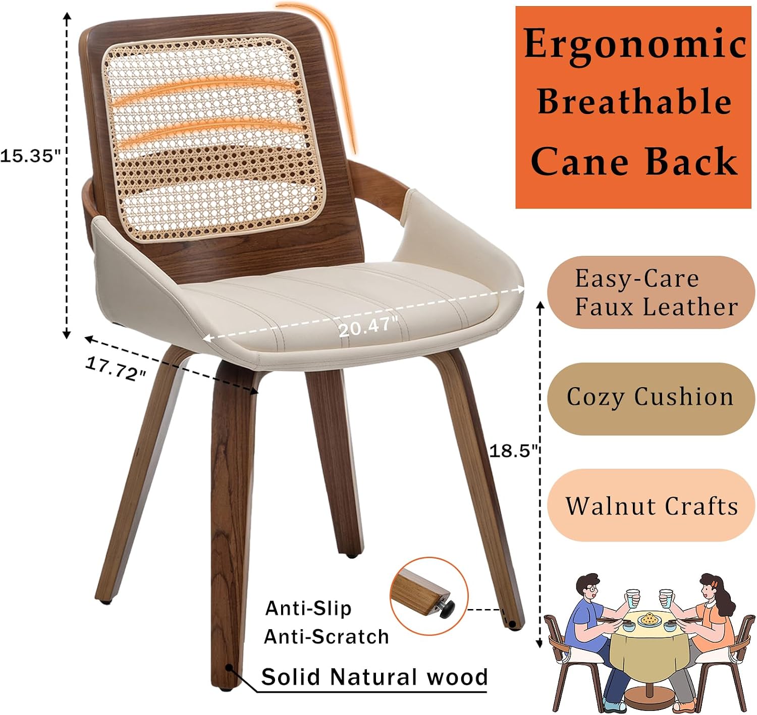 Cane Dining Chairs - Mid Century Modern Dining Chairs with Walnut Bentwood Frame, Ergonomic Rattan Back, Curved Arms, Versatile for Living Room/Reception/Kitchen/Desk (Walnut Beige, Set of 1)