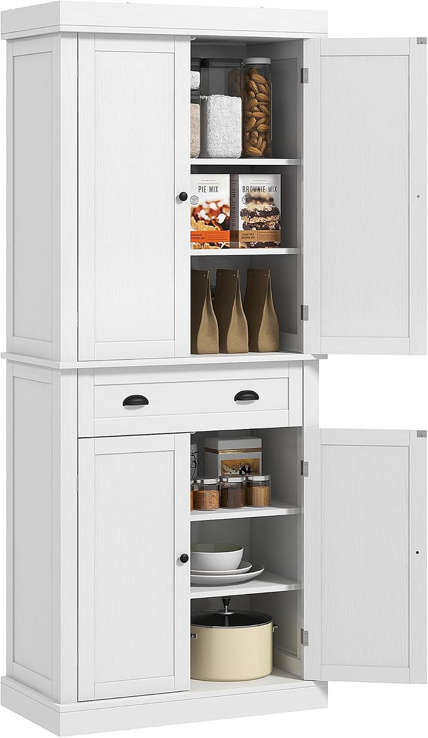 72.5" Kitchen Pantry Cabinet, Traditional Freestanding Storage Cabinet with 4 Doors, Drawer and 3 Adjustable Shelves for Dining Room, White Wood Grain,16 * 30 * 72.5