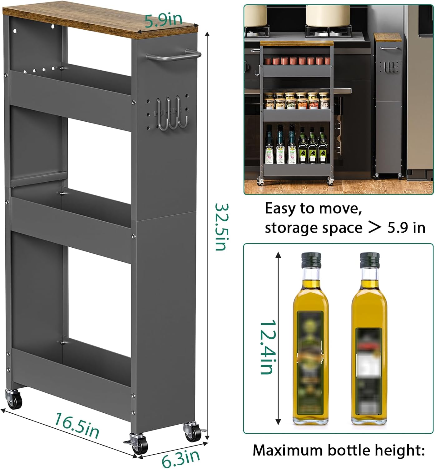 XYZLVSI Slim Storage Cart, 4 Tier Rolling Kitchen Cart on Wheels for Small Space, Narrow Laundry Bathroom Organizers Mobile Shelving Unit Metal Utility Cart with Handle, 5.9in Width, Gray